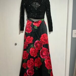 B Darlin Black Sequin Top with Red Floral Skirt Dress